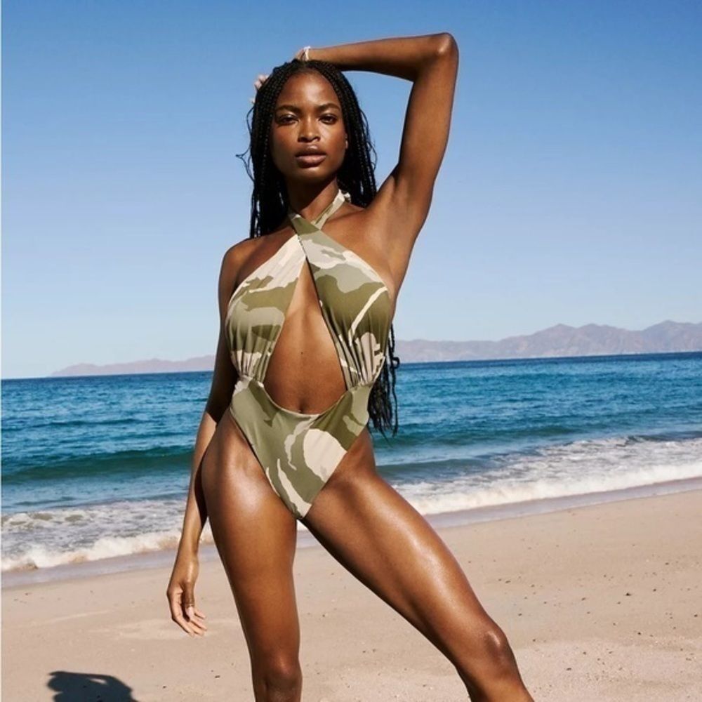 Urban Outfitters Out From Under Lucia Camo Printed Wrap One Piece Swimsuit M NWT